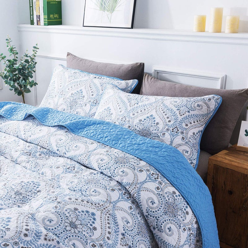 NEWLAKE Cotton Bedspread Quilt Sets-Reversible Patchwork Coverlet Set, Blue Classic Royal Pattern, King Size - Image 2